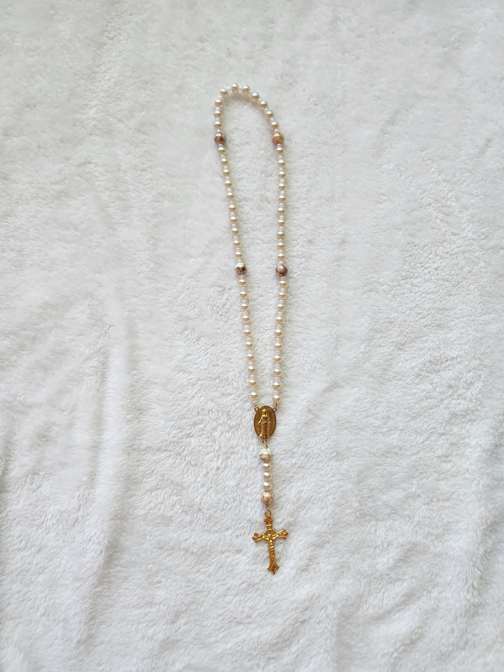 Hand Crafted Pearl Rosary Necklace - White and Gold